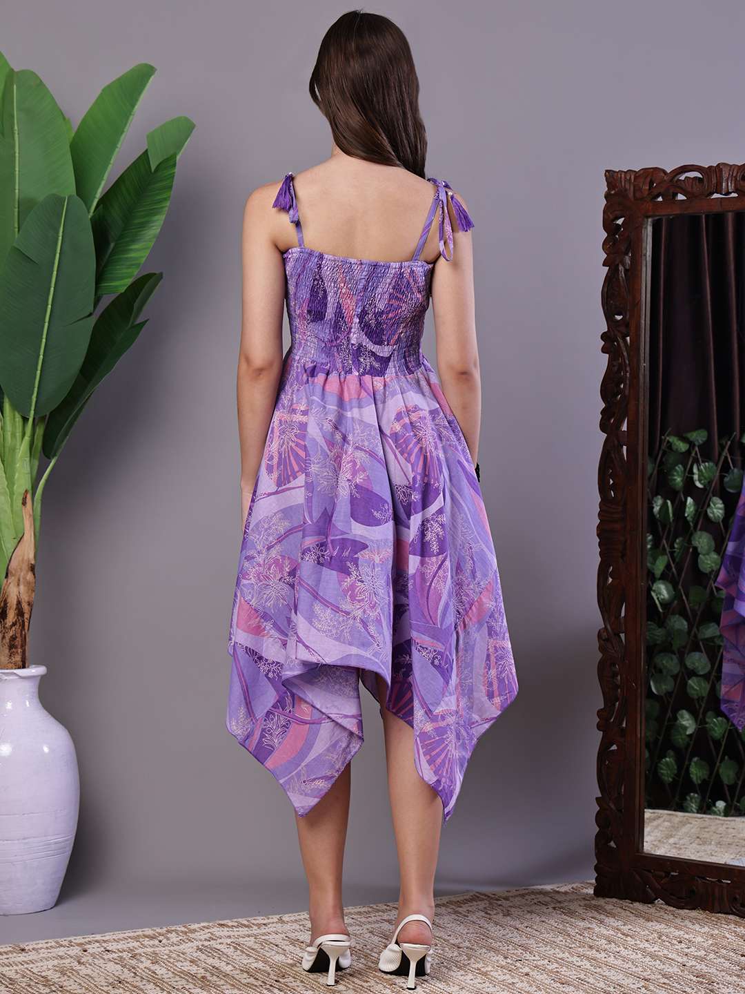 Women's Purple Printed Cotton Handkerchief Hem Midi Dress - Image 2